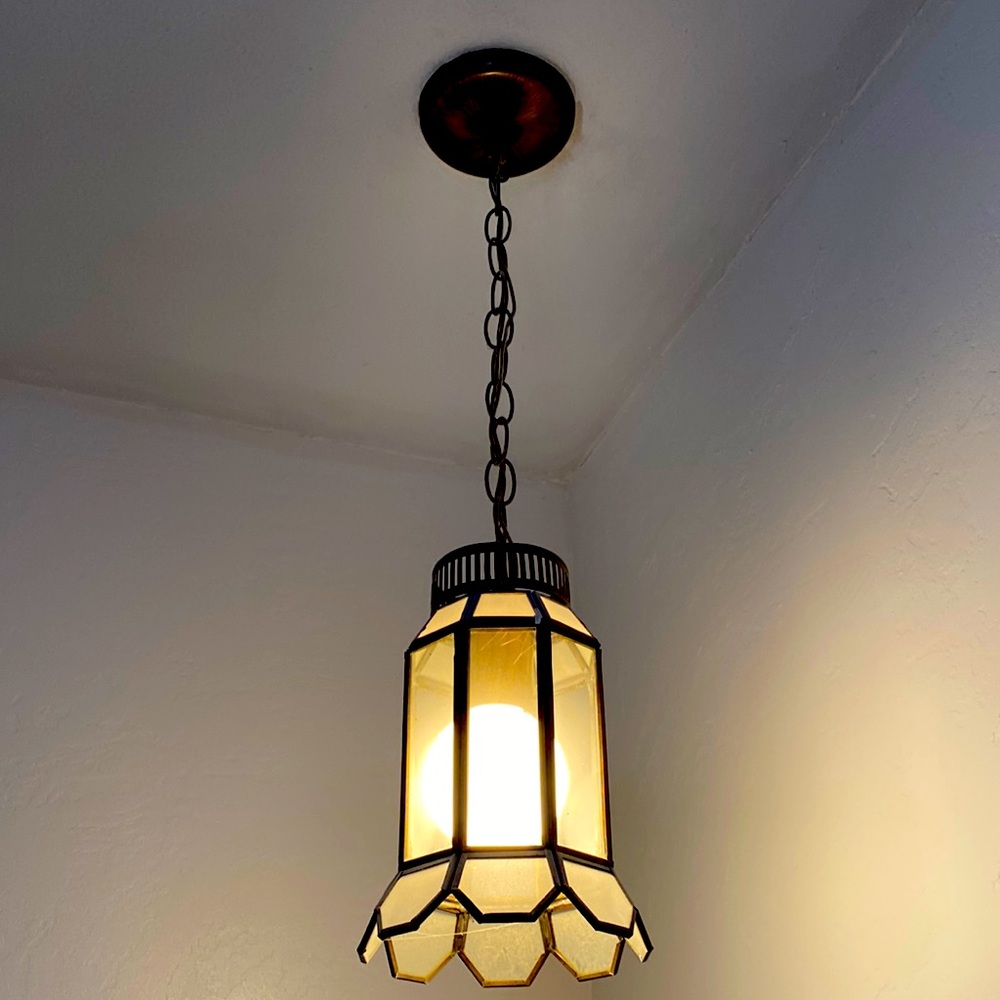 Darkened Brass and Paned Glass Chimney Shade Pendants 'Pair'